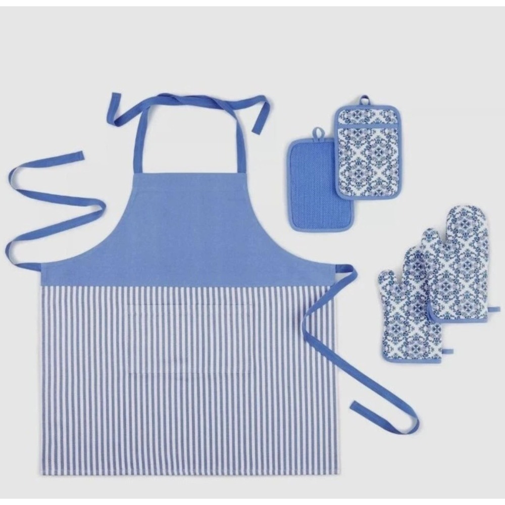 Martha Stewart Blue & White Striped Apron Set with Patterned Oven Mitts